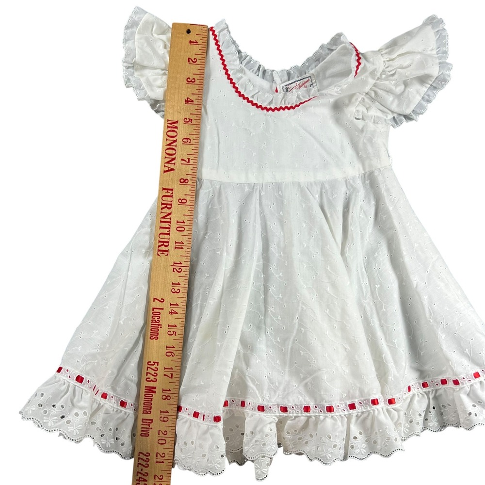 Vintage Handmade Eyelet Dress Red Rickrack Trim Toddler 2T 3T Cottagecore - Picture 4 of 10
